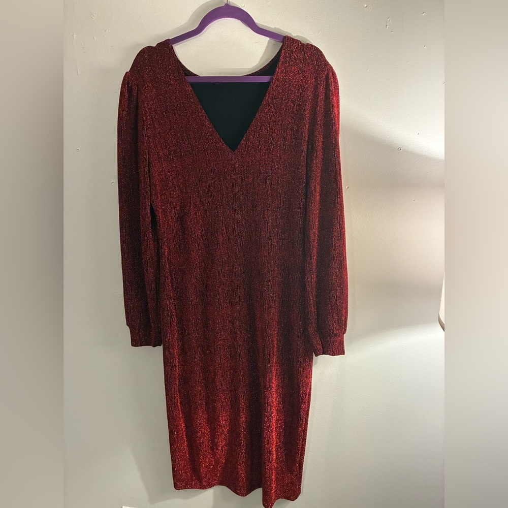 Red & Black Sparkle Dress | Glitter V-Neck Midi Dress | Size 18 | Holiday Dress